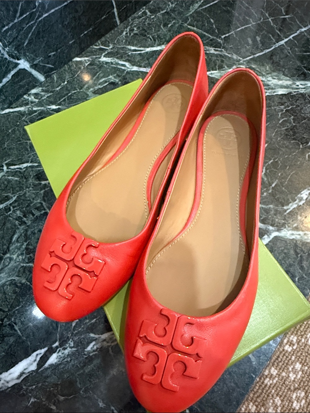 Tory Burch Coral Red Leather Logo Ballet Flats